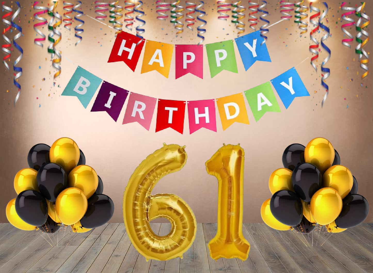 Number 61 Gold Foil Balloon and 25 Nos Black and Gold Color Latex Balloon and Happy Birthday Banner Combo