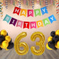 Number 63 Gold Foil Balloon and 25 Nos Black and Gold Color Latex Balloon and Happy Birthday Banner Combo