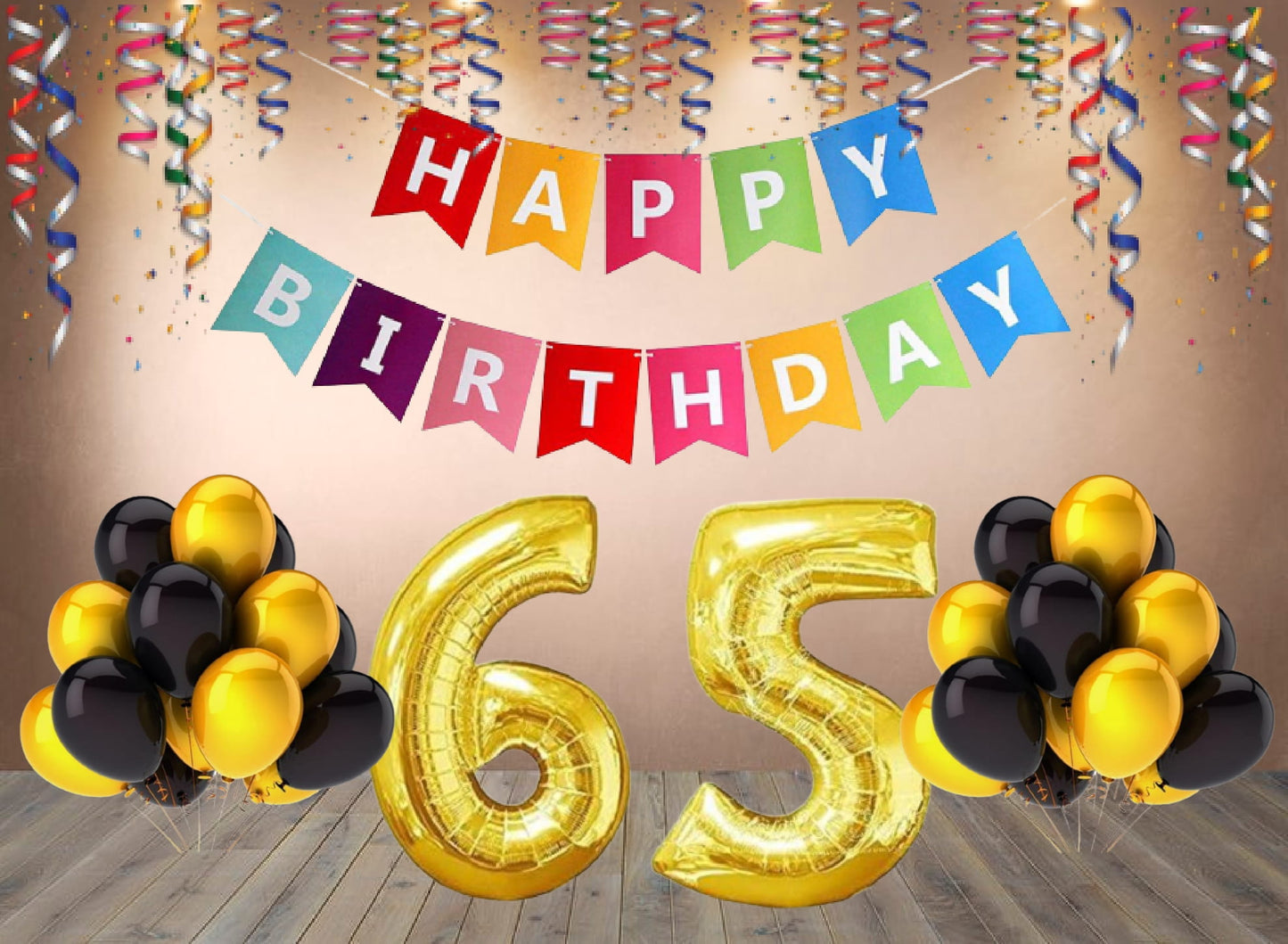 Number 65 Gold Foil Balloon and 25 Nos Black and Gold Color Latex Balloon and Happy Birthday Banner Combo