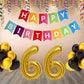 Number 66 Gold Foil Balloon and 25 Nos Black and Gold Color Latex Balloon and Happy Birthday Banner Combo