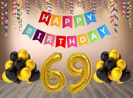 Number 69 Gold Foil Balloon and 25 Nos Black and Gold Color Latex Balloon and Happy Birthday Banner Combo