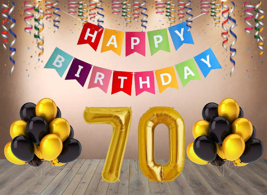 Number 70 Gold Foil Balloon and 25 Nos Black and Gold Color Latex Balloon and Happy Birthday Banner Combo