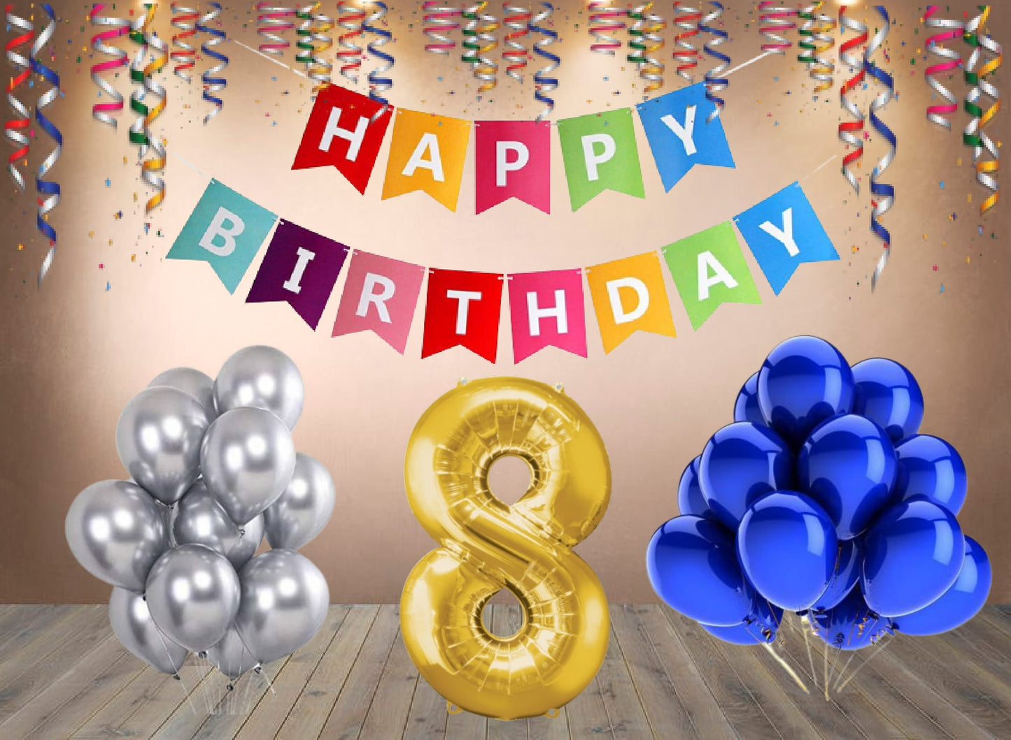 Number 8  Gold Foil Balloon and 25 Nos Blue and Silver Color Latex Balloon and Happy Birthday Banner Combo