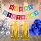 Number  11 Gold Foil Balloon and 25 Nos Blue and Silver Color Latex Balloon and Happy Birthday Banner Combo