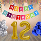 Number 12  Gold Foil Balloon and 25 Nos Blue and Silver Color Latex Balloon and Happy Birthday Banner Combo