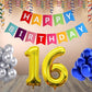 Number 16  Gold Foil Balloon and 25 Nos Blue and Silver Color Latex Balloon and Happy Birthday Banner Combo