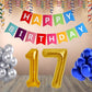 Number  17 Gold Foil Balloon and 25 Nos Blue and Silver Color Latex Balloon and Happy Birthday Banner Combo