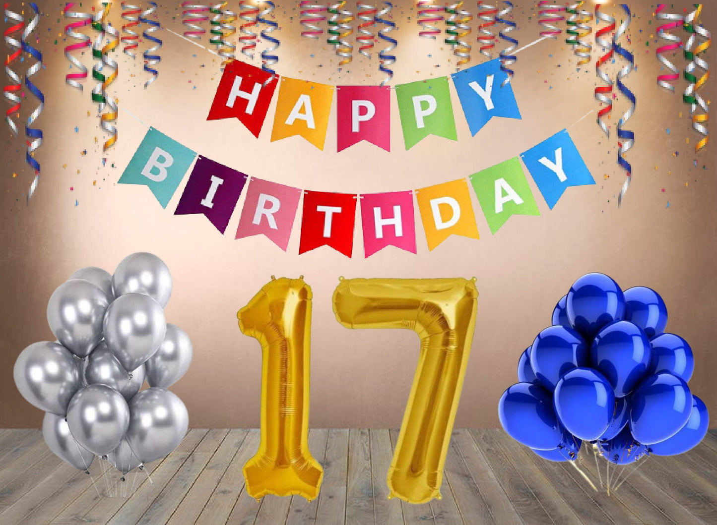 Number  17 Gold Foil Balloon and 25 Nos Blue and Silver Color Latex Balloon and Happy Birthday Banner Combo