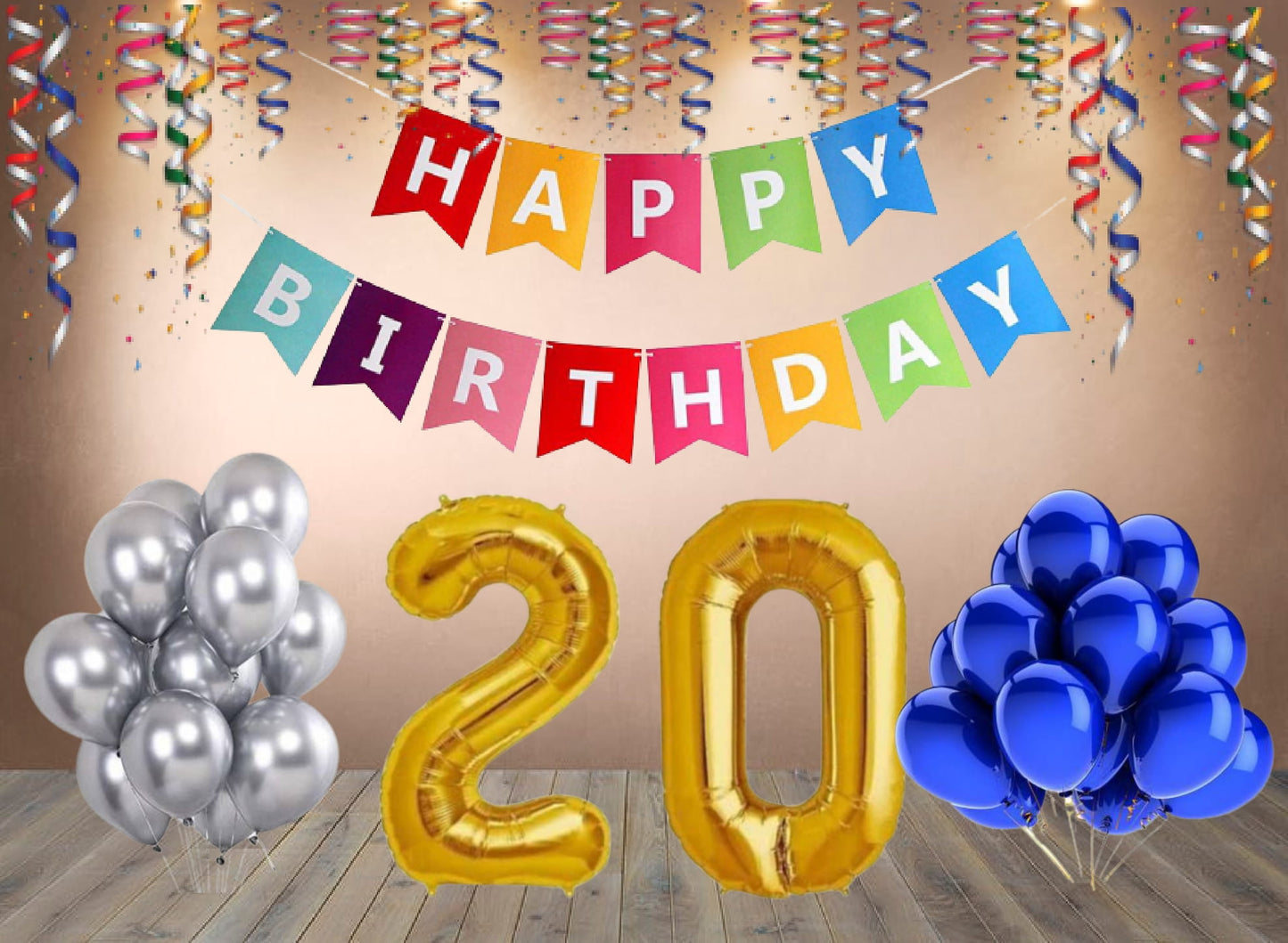 Number 20  Gold Foil Balloon and 25 Nos Blue and Silver Color Latex Balloon and Happy Birthday Banner Combo