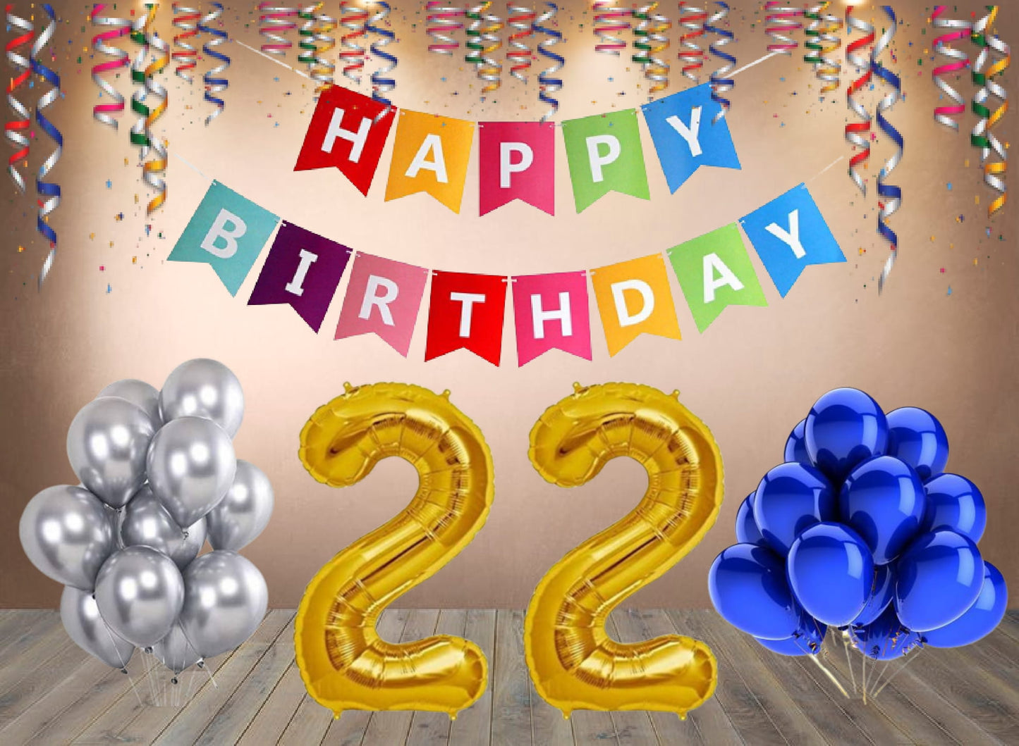 Number 22  Gold Foil Balloon and 25 Nos Blue and Silver Color Latex Balloon and Happy Birthday Banner Combo