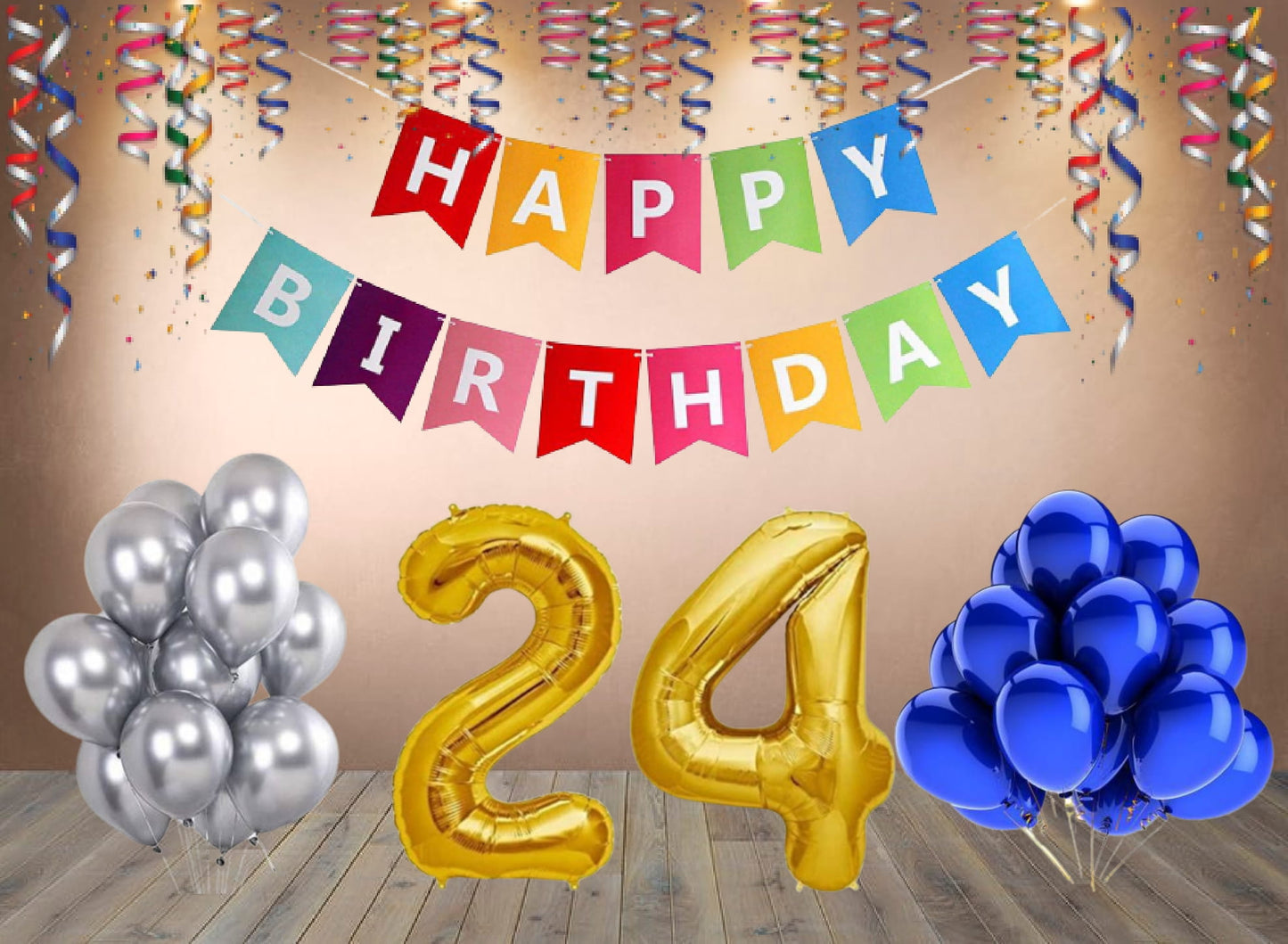Number 24  Gold Foil Balloon and 25 Nos Blue and Silver Color Latex Balloon and Happy Birthday Banner Combo