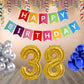 Number  38 Gold Foil Balloon and 25 Nos Blue and Silver Color Latex Balloon and Happy Birthday Banner Combo