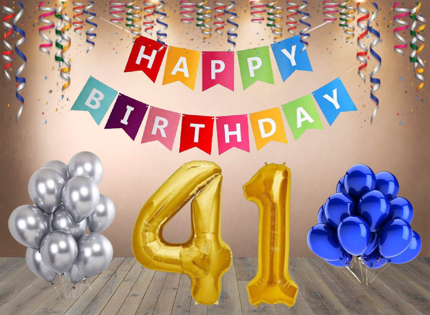 Number 41  Gold Foil Balloon and 25 Nos Blue and Silver Color Latex Balloon and Happy Birthday Banner Combo