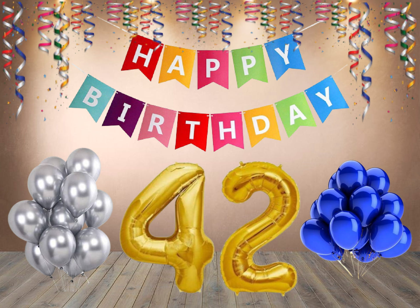 Number  42 Gold Foil Balloon and 25 Nos Blue and Silver Color Latex Balloon and Happy Birthday Banner Combo