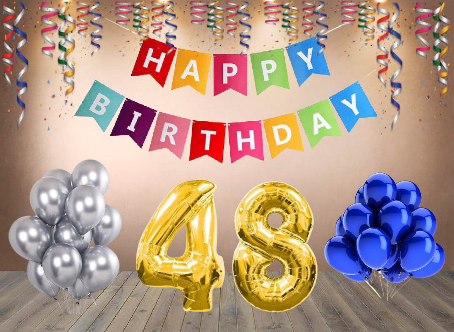 Number 48  Gold Foil Balloon and 25 Nos Blue and Silver Color Latex Balloon and Happy Birthday Banner Combo
