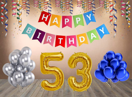 Number 53  Gold Foil Balloon and 25 Nos Blue and Silver Color Latex Balloon and Happy Birthday Banner Combo