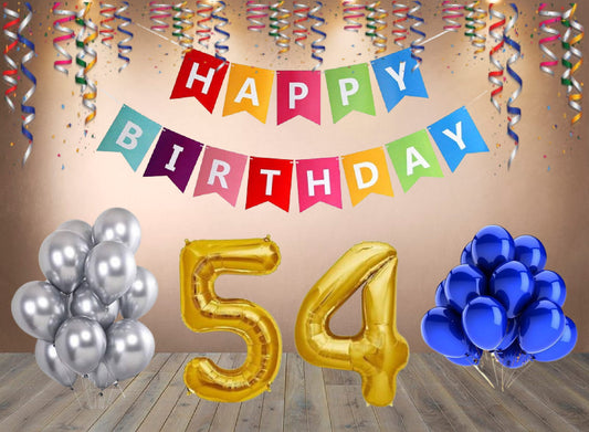 Number 54  Gold Foil Balloon and 25 Nos Blue and Silver Color Latex Balloon and Happy Birthday Banner Combo