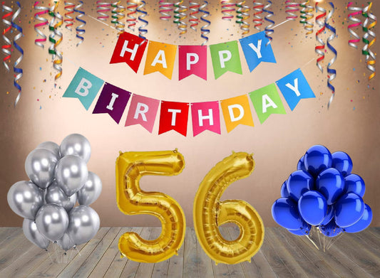 Number  56 Gold Foil Balloon and 25 Nos Blue and Silver Color Latex Balloon and Happy Birthday Banner Combo