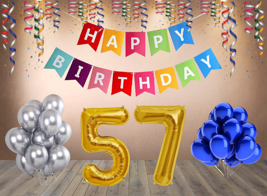 Number 57  Gold Foil Balloon and 25 Nos Blue and Silver Color Latex Balloon and Happy Birthday Banner Combo