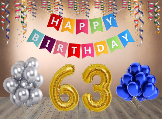 Number  63 Gold Foil Balloon and 25 Nos Blue and Silver Color Latex Balloon and Happy Birthday Banner Combo