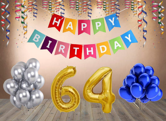 Number 64  Gold Foil Balloon and 25 Nos Blue and Silver Color Latex Balloon and Happy Birthday Banner Combo