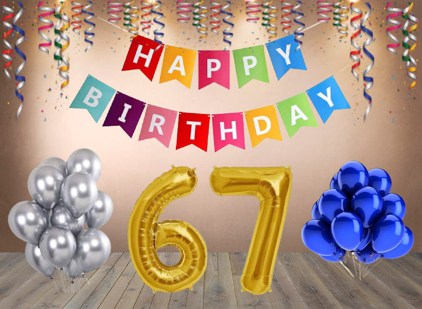 Number  67 Gold Foil Balloon and 25 Nos Blue and Silver Color Latex Balloon and Happy Birthday Banner Combo