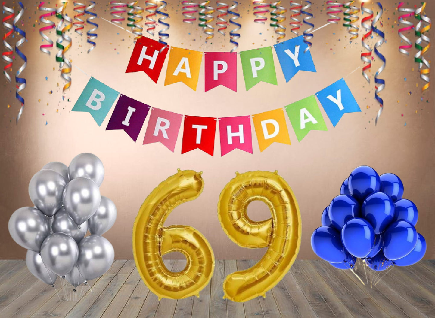 Number  69 Gold Foil Balloon and 25 Nos Blue and Silver Color Latex Balloon and Happy Birthday Banner Combo