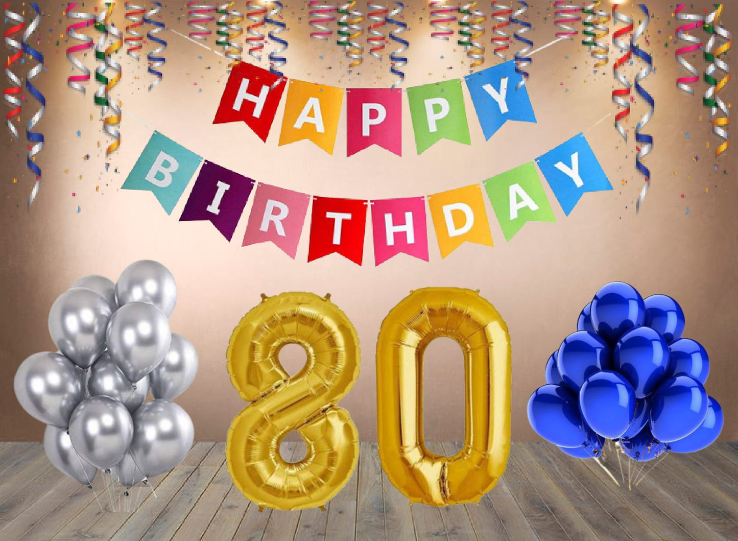Number  80 Gold Foil Balloon and 25 Nos Blue and Silver Color Latex Balloon and Happy Birthday Banner Combo