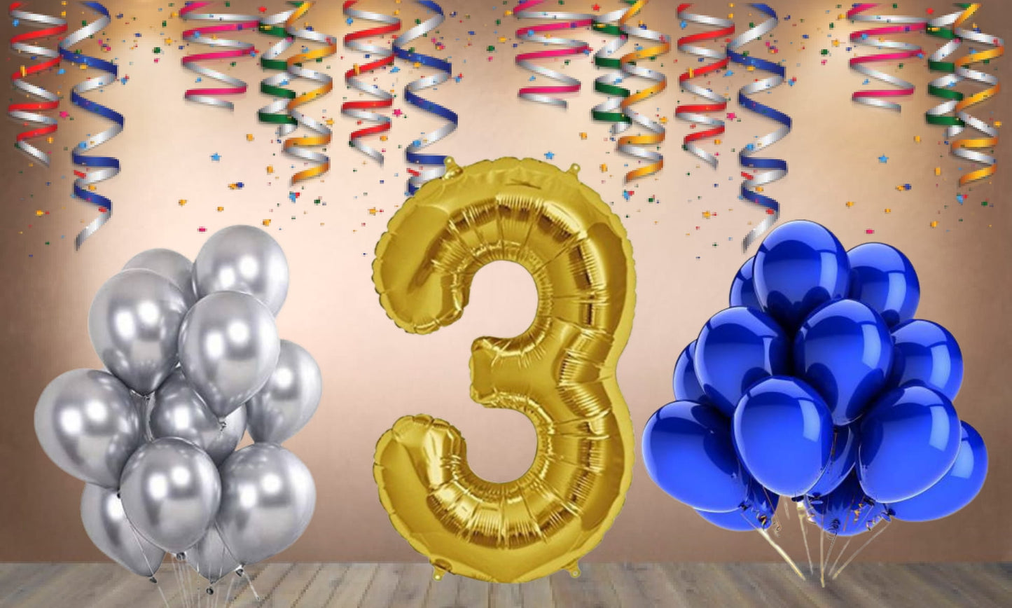 Number 3 Gold Foil Balloon and 25 Nos Blue and Silver Color Latex Balloon Combo