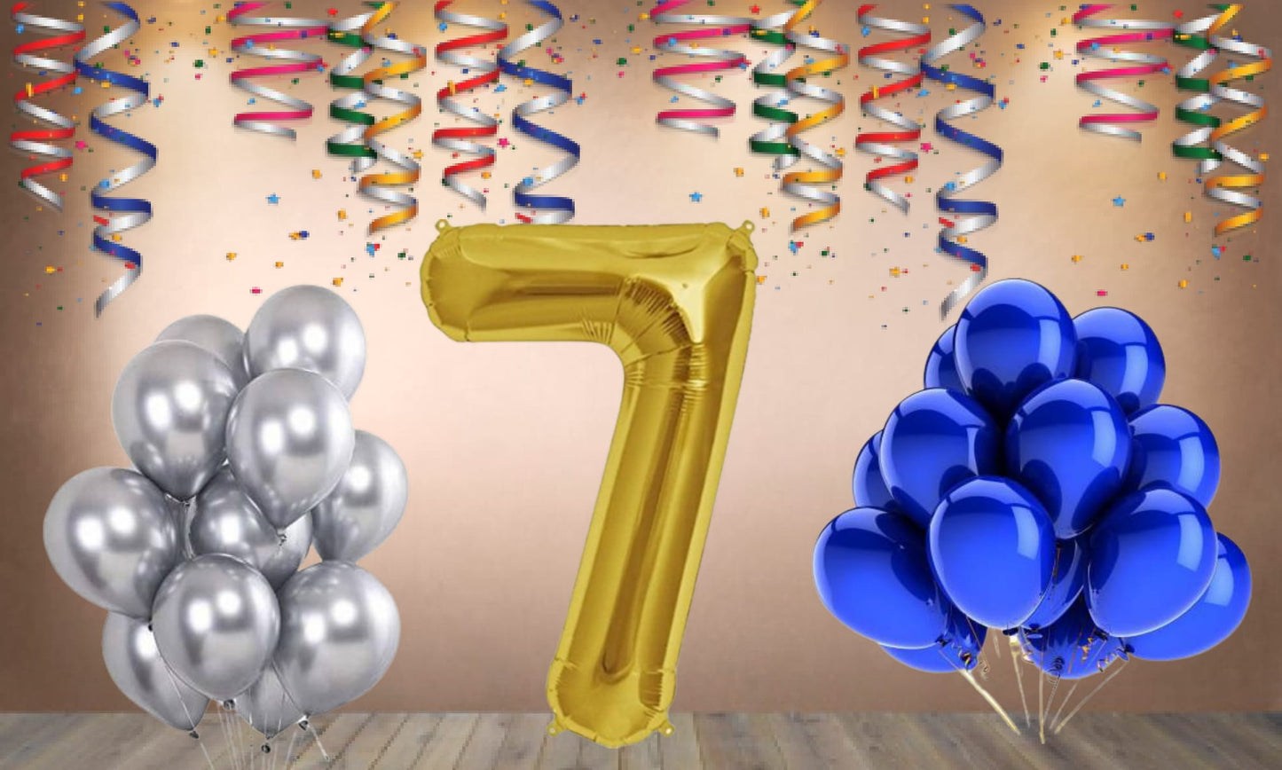 Number 7 Gold Foil Balloon and 25 Nos Blue and Silver Color Latex Balloon Combo
