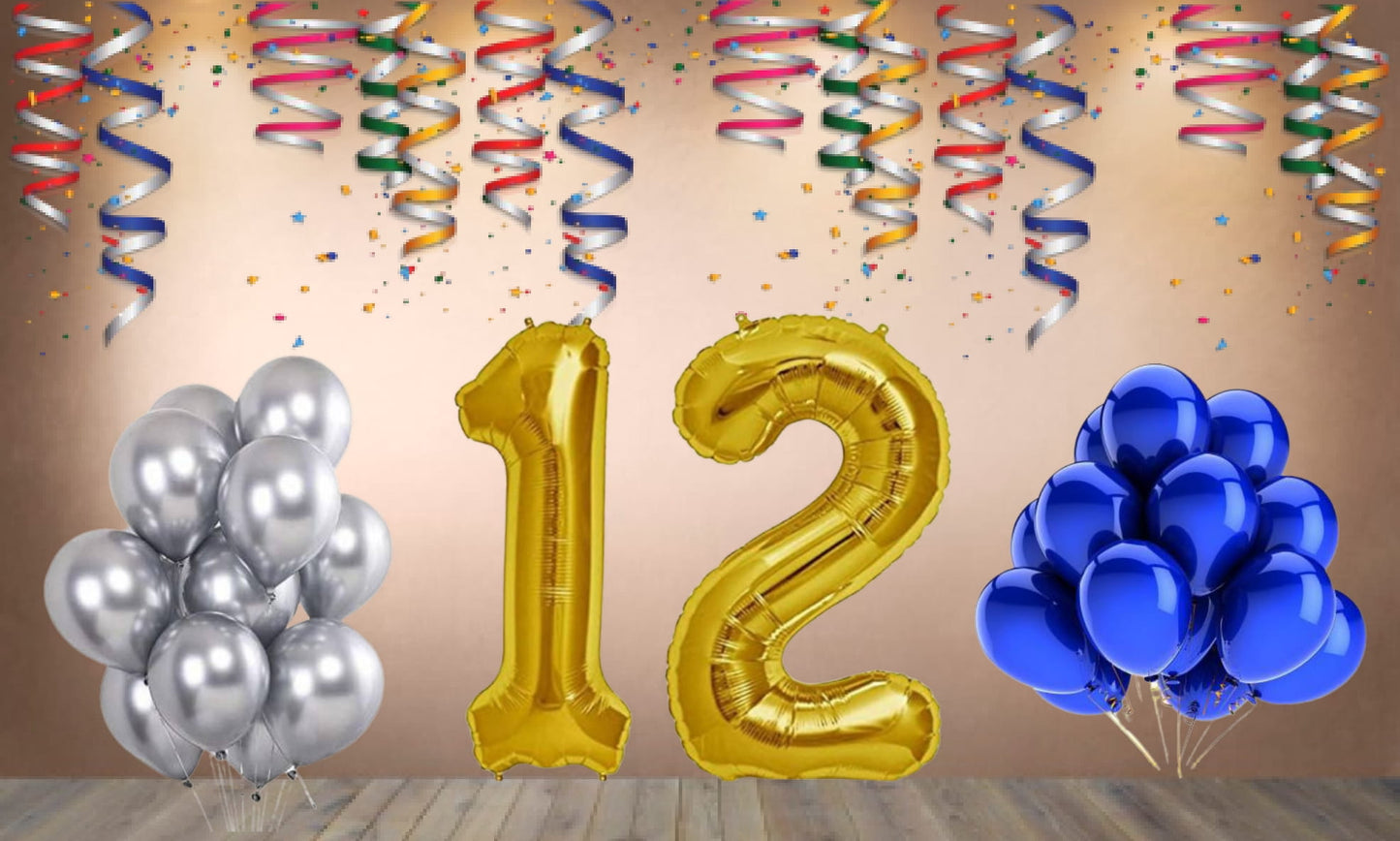 Number 12 Gold Foil Balloon and 25 Nos Blue and Silver Color Latex Balloon Combo
