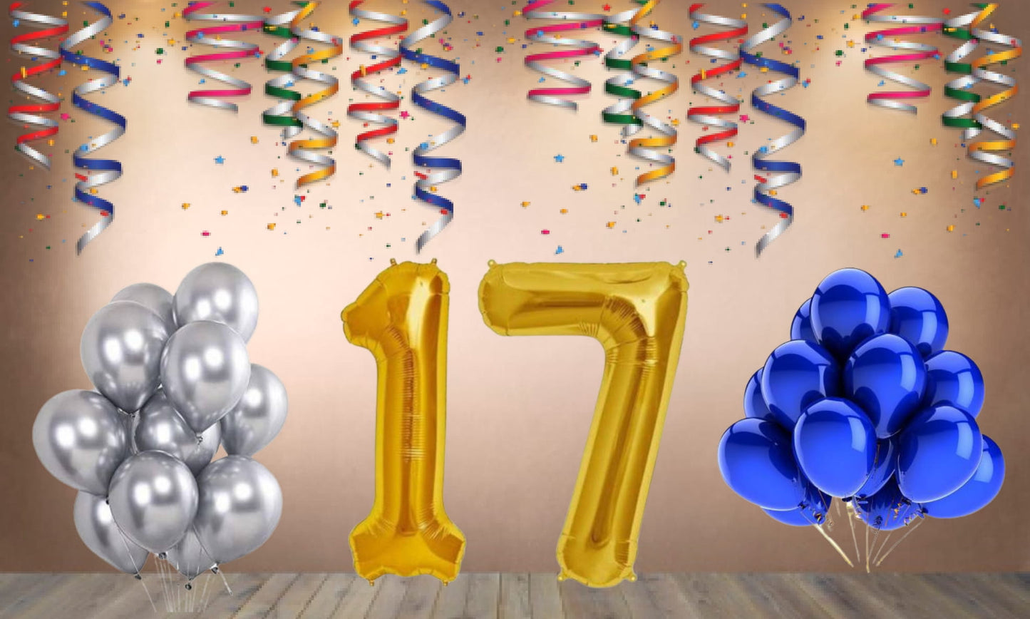 Number 17 Gold Foil Balloon and 25 Nos Blue and Silver Color Latex Balloon Combo