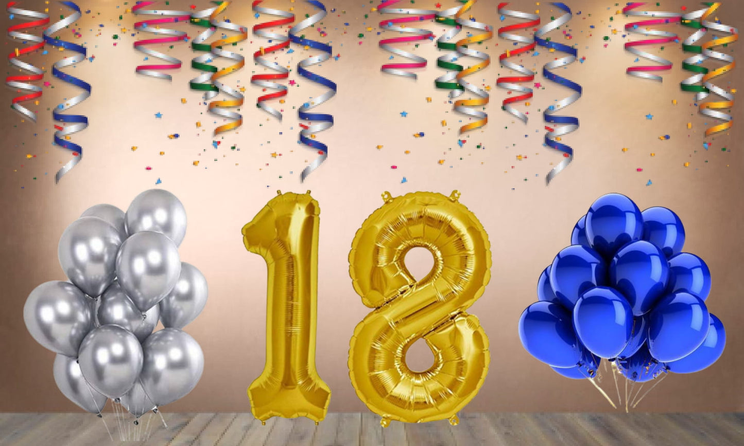 Number 18 Gold Foil Balloon and 25 Nos Blue and Silver Color Latex Balloon Combo