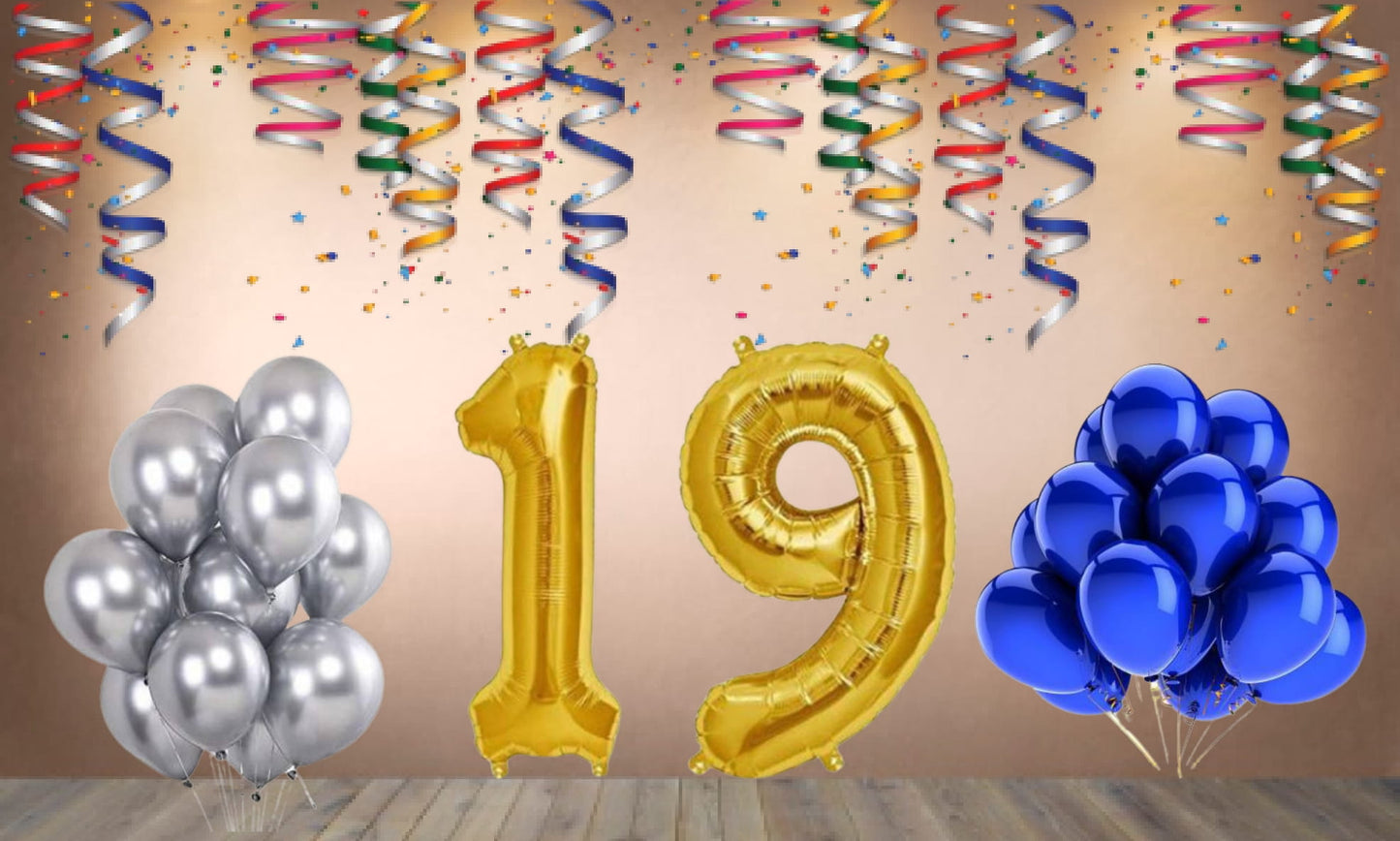 Number 19 Gold Foil Balloon and 25 Nos Blue and Silver Color Latex Balloon Combo