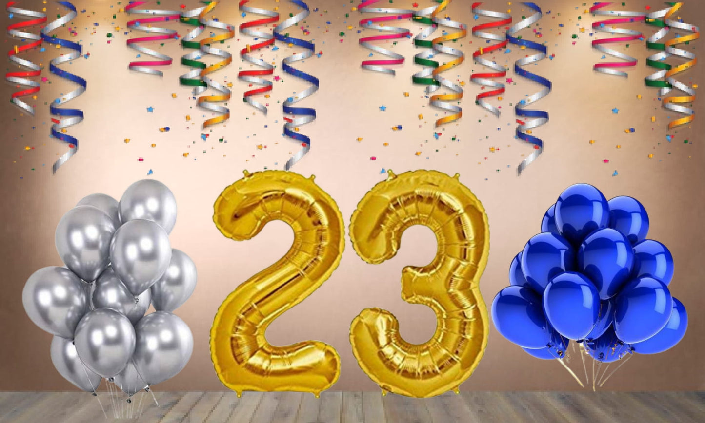 Number 23 Gold Foil Balloon and 25 Nos Blue and Silver Color Latex Balloon Combo