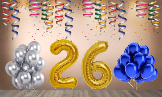Number 26 Gold Foil Balloon and 25 Nos Blue and Silver Color Latex Balloon Combo