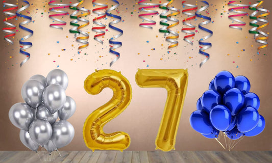 Number  27 Gold Foil Balloon and 25 Nos Blue and Silver Color Latex Balloon Combo