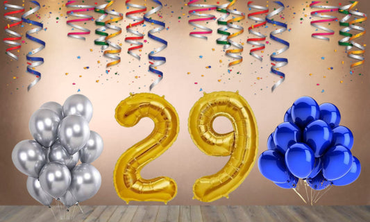 Number 29 Gold Foil Balloon and 25 Nos Blue and Silver Color Latex Balloon Combo