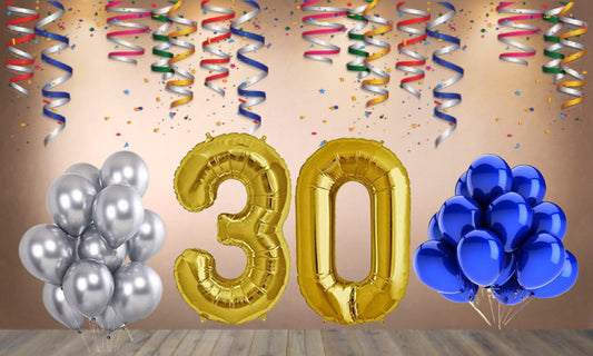 Number 30 Gold Foil Balloon and 25 Nos Blue and Silver Color Latex Balloon Combo