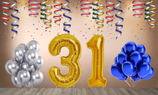 Number 31 Gold Foil Balloon and 25 Nos Blue and Silver Color Latex Balloon Combo