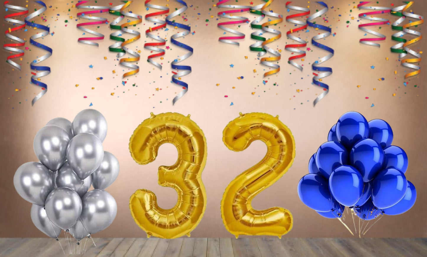 Number 32 Gold Foil Balloon and 25 Nos Blue and Silver Color Latex Balloon Combo