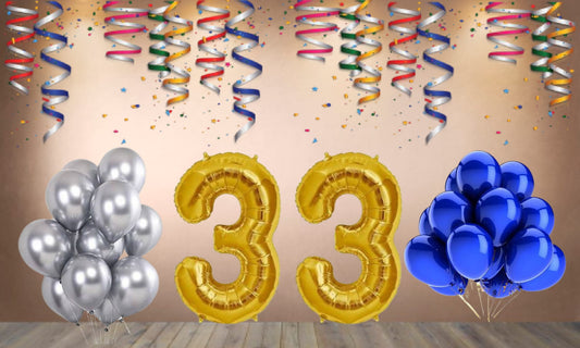 Number 33 Gold Foil Balloon and 25 Nos Blue and Silver Color Latex Balloon Combo