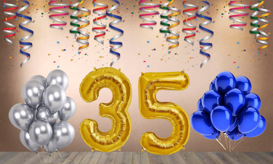 Number 35 Gold Foil Balloon and 25 Nos Blue and Silver Color Latex Balloon Combo