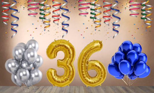 Number 36 Gold Foil Balloon and 25 Nos Blue and Silver Color Latex Balloon Combo