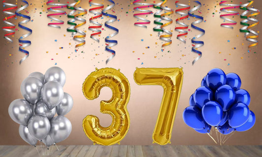 Number 37 Gold Foil Balloon and 25 Nos Blue and Silver Color Latex Balloon Combo