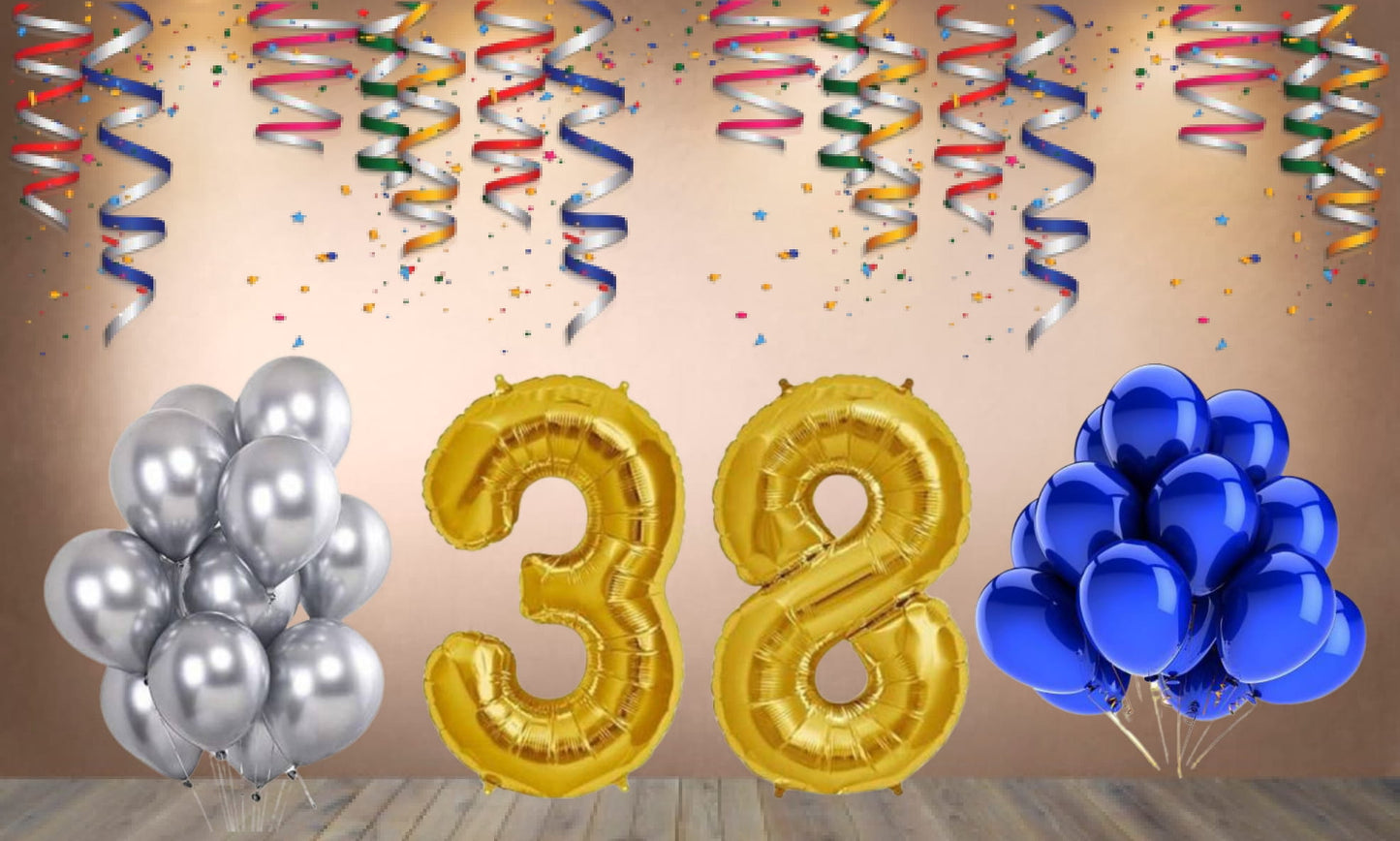 Number 38 Gold Foil Balloon and 25 Nos Blue and Silver Color Latex Balloon Combo