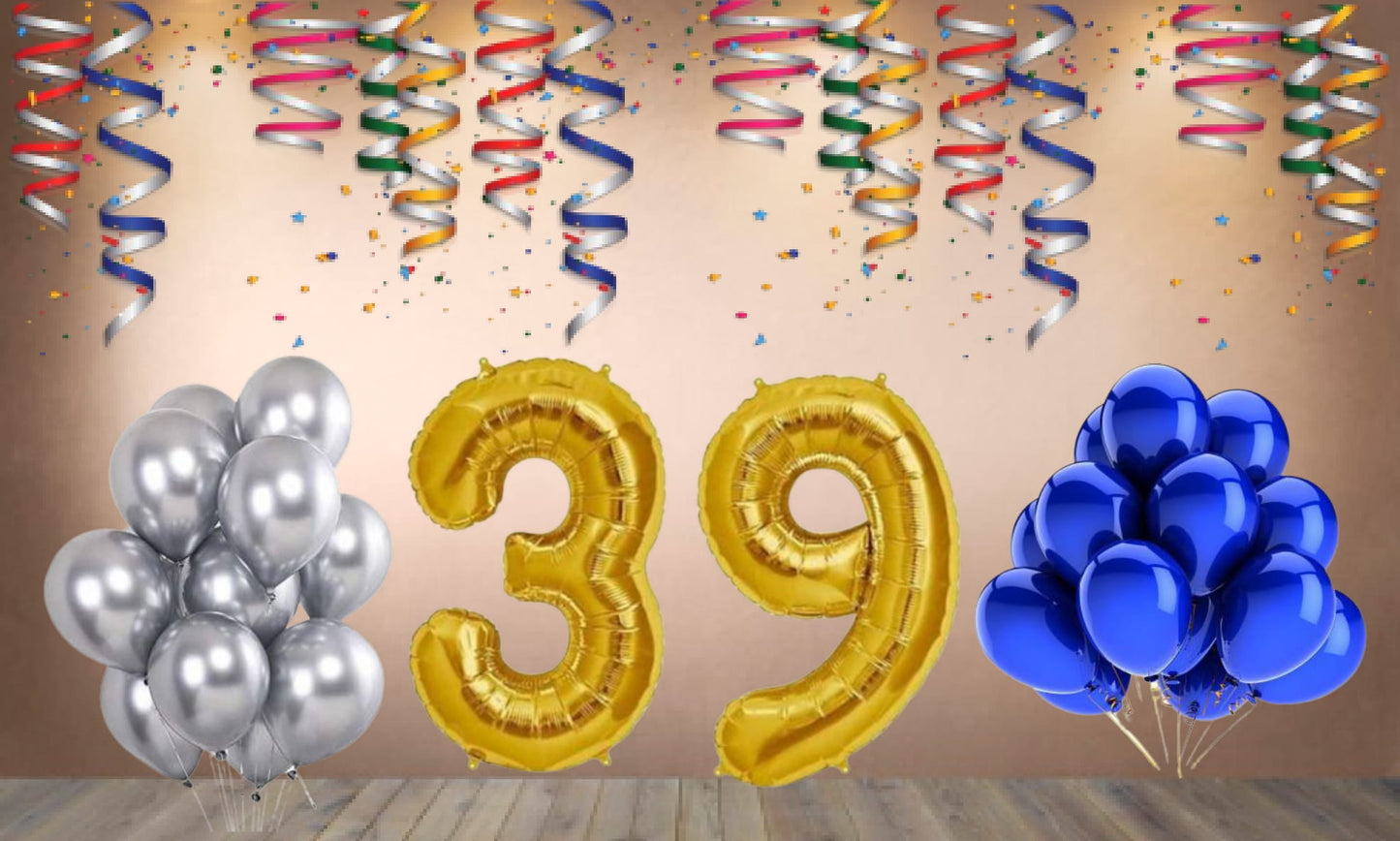 Number 39 Gold Foil Balloon and 25 Nos Blue and Silver Color Latex Balloon Combo