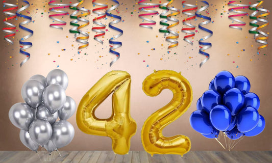 Number 42 Gold Foil Balloon and 25 Nos Blue and Silver Color Latex Balloon Combo