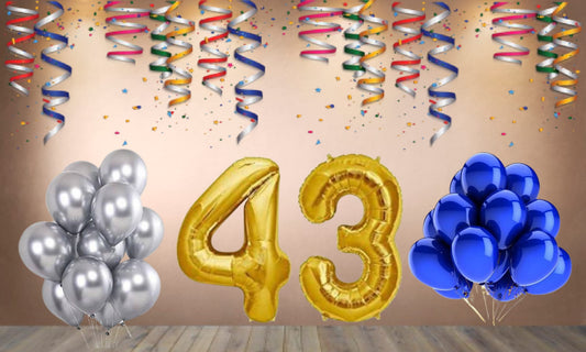 Number 43 Gold Foil Balloon and 25 Nos Blue and Silver Color Latex Balloon Combo