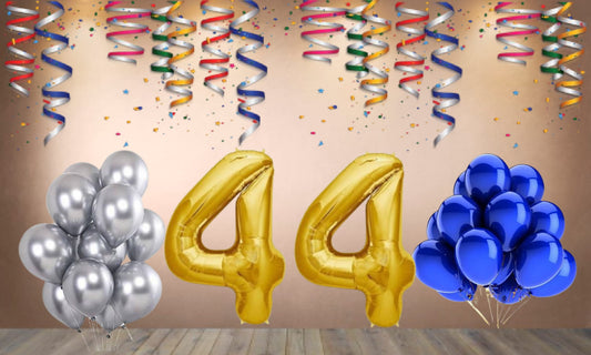 Number 44 Gold Foil Balloon and 25 Nos Blue and Silver Color Latex Balloon Combo